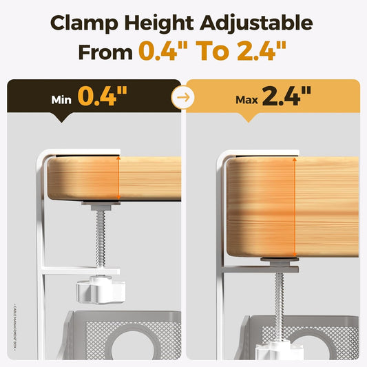 Under Desk Cable Management Tray White, Wire Organizers No Drill, Cable Tray with Clamp for Wire Management, Cord Organization Box for Office, Home - No Damage to Desk