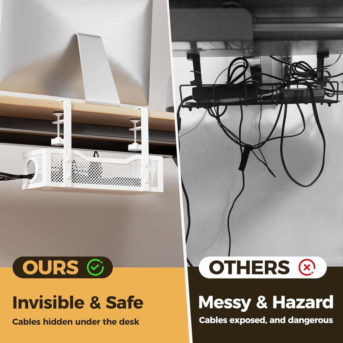 Under Desk Cable Management Tray White, Wire Organizers No Drill, Cable Tray with Clamp for Wire Management, Cord Organization Box for Office, Home - No Damage to Desk