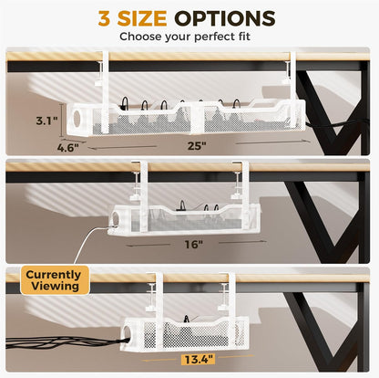 Under Desk Cable Management Tray White, Wire Organizers No Drill, Cable Tray with Clamp for Wire Management, Cord Organization Box for Office, Home - No Damage to Desk