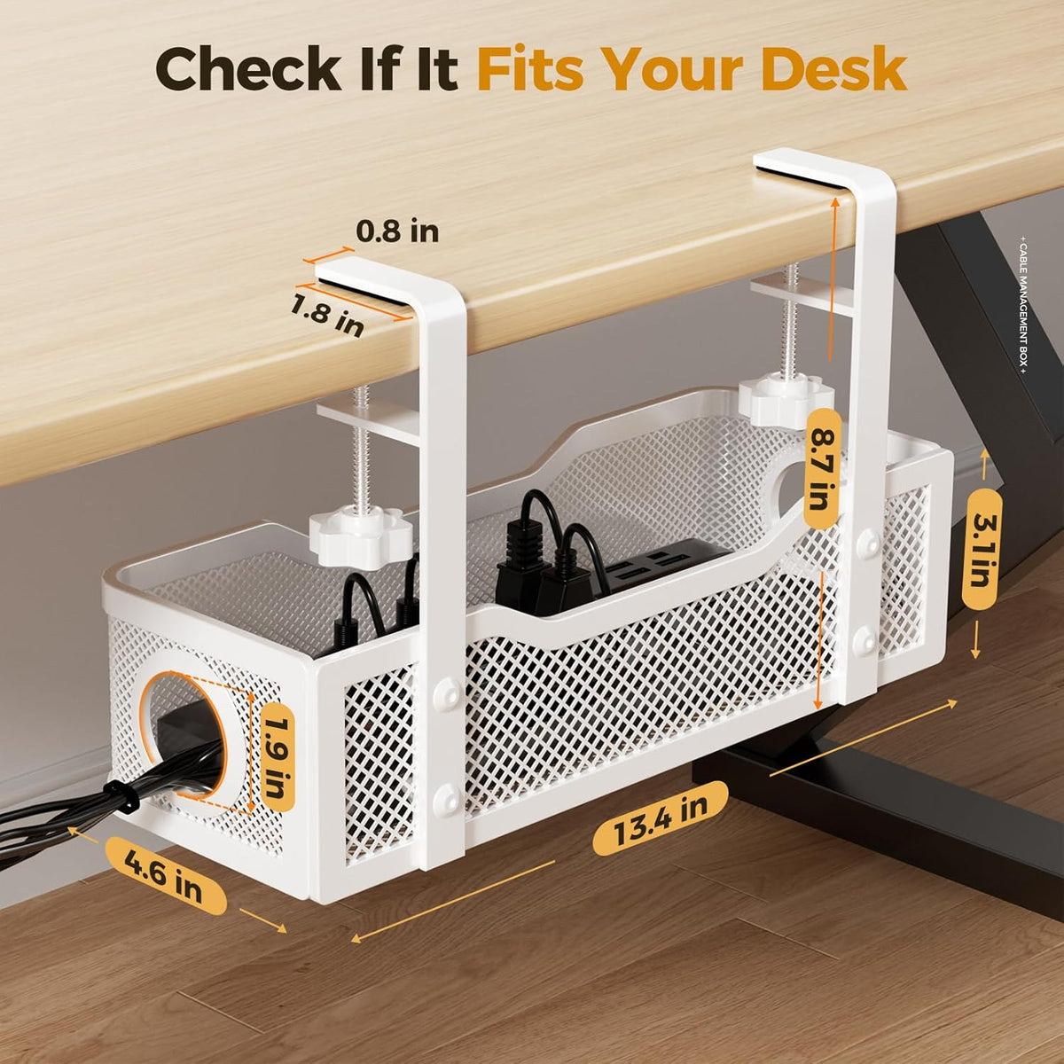 Under Desk Cable Management Tray White, Wire Organizers No Drill, Cable Tray with Clamp for Wire Management, Cord Organization Box for Office, Home - No Damage to Desk