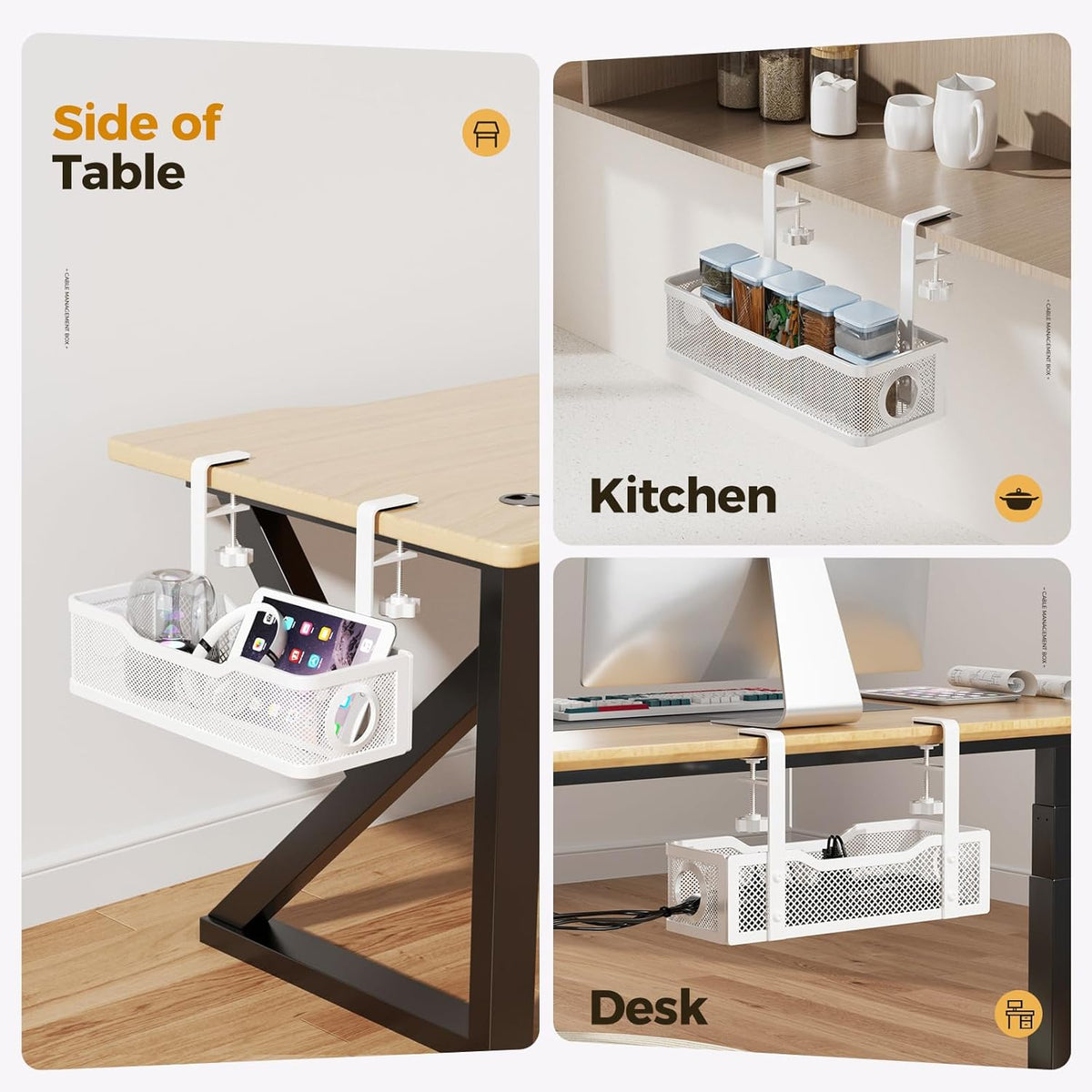 Under Desk Cable Management Tray White, Wire Organizers No Drill, Cable Tray with Clamp for Wire Management, Cord Organization Box for Office, Home - No Damage to Desk