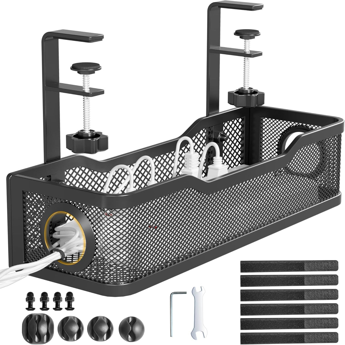 Under Desk Cable Management Tray White, Wire Organizers No Drill, Cable Tray with Clamp for Wire Management, Cord Organization Box for Office, Home - No Damage to Desk