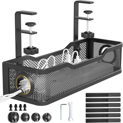 Under Desk Cable Management Tray White, Wire Organizers No Drill, Cable Tray with Clamp for Wire Management, Cord Organization Box for Office, Home - No Damage to Desk