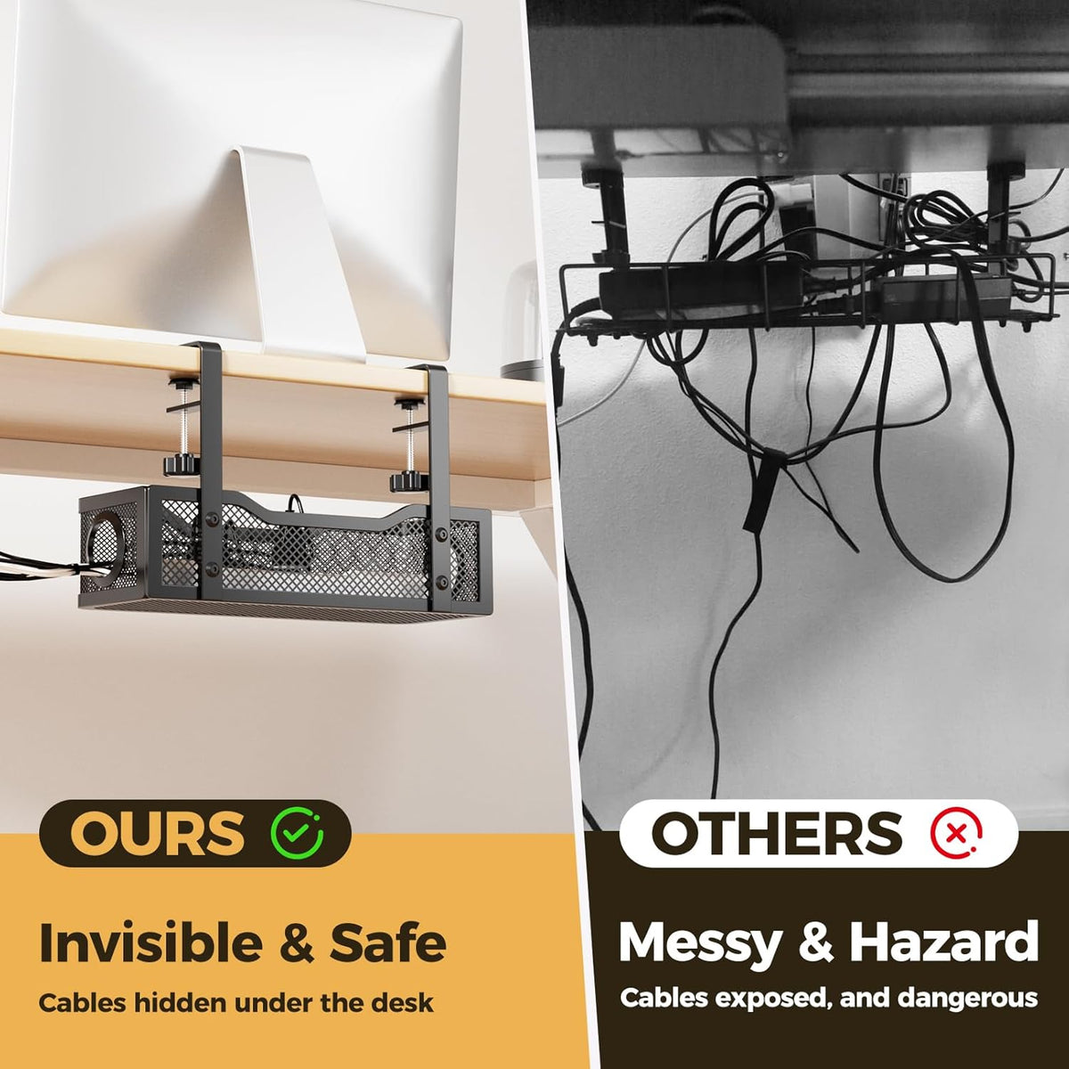 Under Desk Cable Management Tray White, Wire Organizers No Drill, Cable Tray with Clamp for Wire Management, Cord Organization Box for Office, Home - No Damage to Desk
