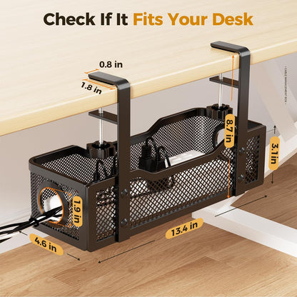 Under Desk Cable Management Tray White, Wire Organizers No Drill, Cable Tray with Clamp for Wire Management, Cord Organization Box for Office, Home - No Damage to Desk