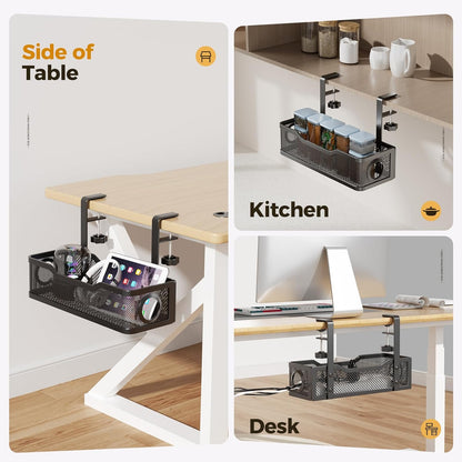 Under Desk Cable Management Tray White, Wire Organizers No Drill, Cable Tray with Clamp for Wire Management, Cord Organization Box for Office, Home - No Damage to Desk