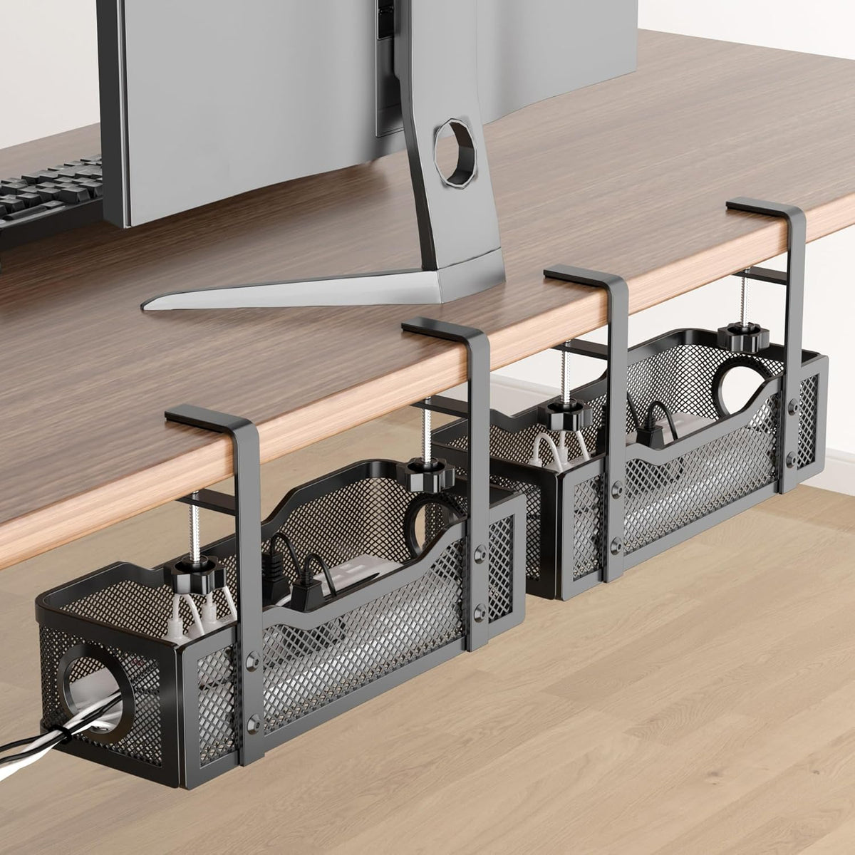 Under Desk Cable Management Tray White, Wire Organizers No Drill, Cable Tray with Clamp for Wire Management, Cord Organization Box for Office, Home - No Damage to Desk