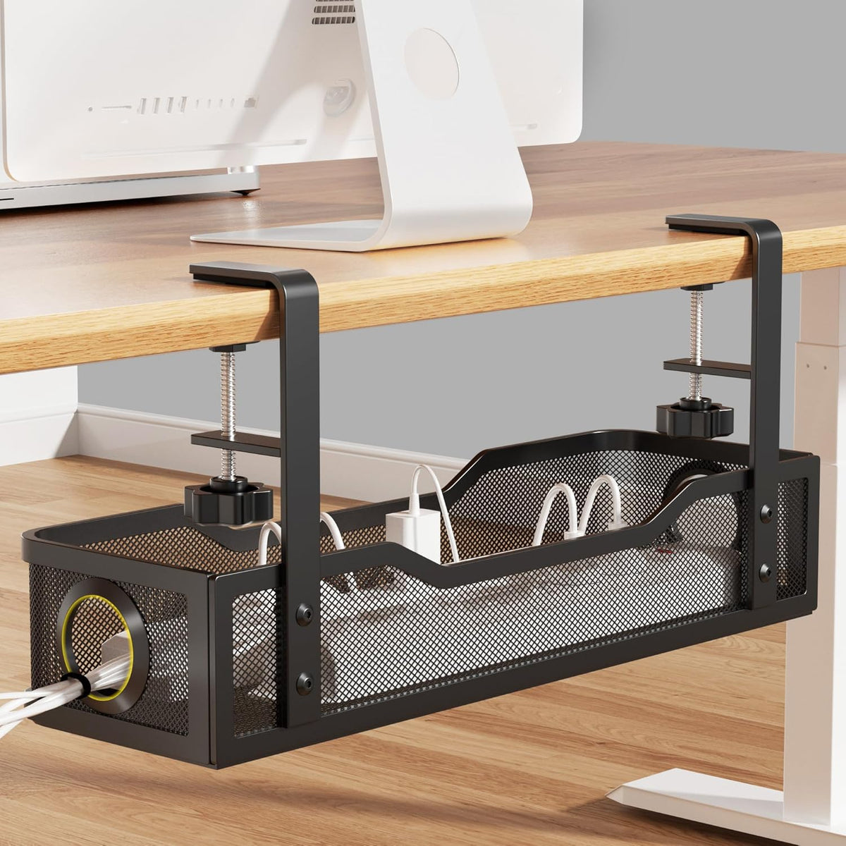 Under Desk Cable Management Tray White, Wire Organizers No Drill, Cable Tray with Clamp for Wire Management, Cord Organization Box for Office, Home - No Damage to Desk