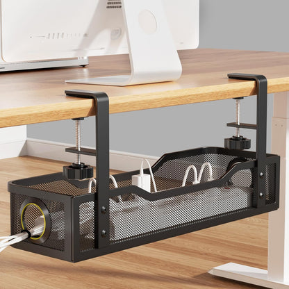 Under Desk Cable Management Tray White, Wire Organizers No Drill, Cable Tray with Clamp for Wire Management, Cord Organization Box for Office, Home - No Damage to Desk