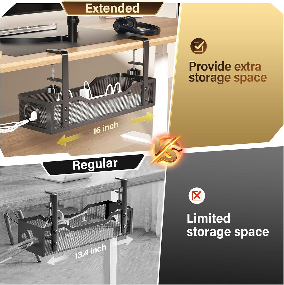 Under Desk Cable Management Tray White, Wire Organizers No Drill, Cable Tray with Clamp for Wire Management, Cord Organization Box for Office, Home - No Damage to Desk