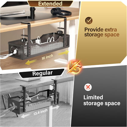Under Desk Cable Management Tray White, Wire Organizers No Drill, Cable Tray with Clamp for Wire Management, Cord Organization Box for Office, Home - No Damage to Desk