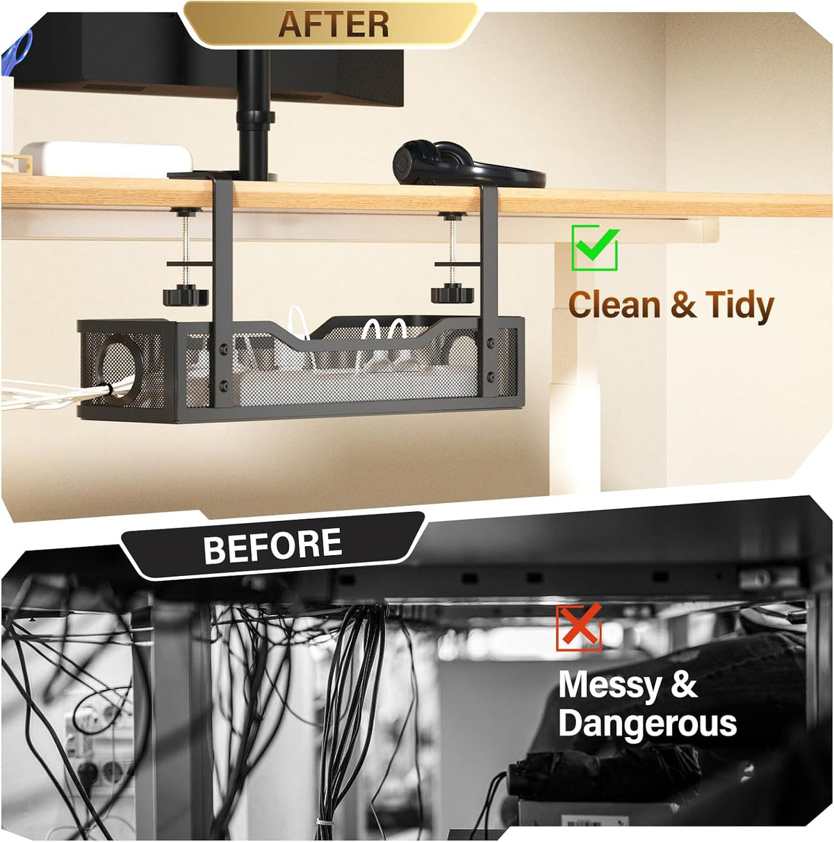 Under Desk Cable Management Tray White, Wire Organizers No Drill, Cable Tray with Clamp for Wire Management, Cord Organization Box for Office, Home - No Damage to Desk