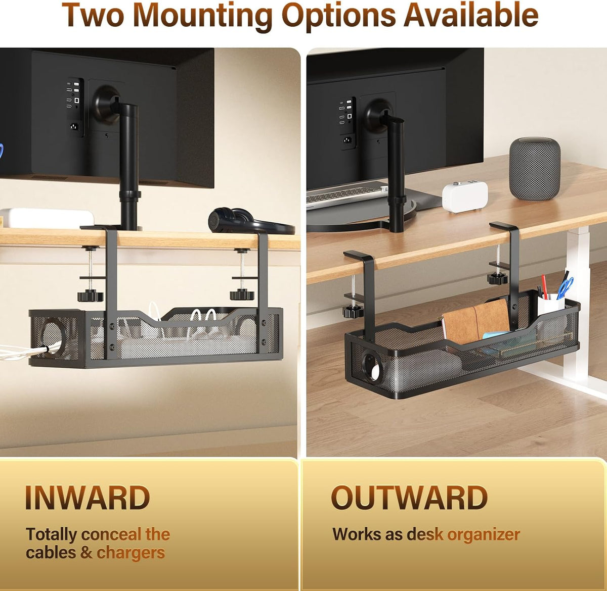 Under Desk Cable Management Tray White, Wire Organizers No Drill, Cable Tray with Clamp for Wire Management, Cord Organization Box for Office, Home - No Damage to Desk