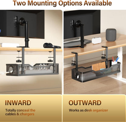Under Desk Cable Management Tray White, Wire Organizers No Drill, Cable Tray with Clamp for Wire Management, Cord Organization Box for Office, Home - No Damage to Desk