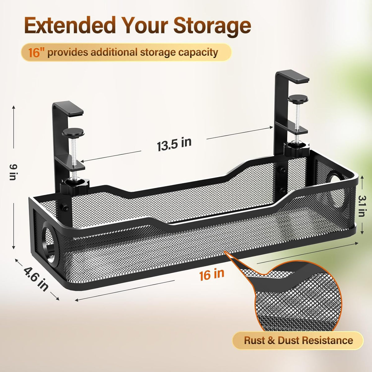 Under Desk Cable Management Tray White, Wire Organizers No Drill, Cable Tray with Clamp for Wire Management, Cord Organization Box for Office, Home - No Damage to Desk