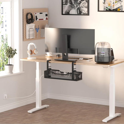 Under Desk Cable Management Tray White, Wire Organizers No Drill, Cable Tray with Clamp for Wire Management, Cord Organization Box for Office, Home - No Damage to Desk