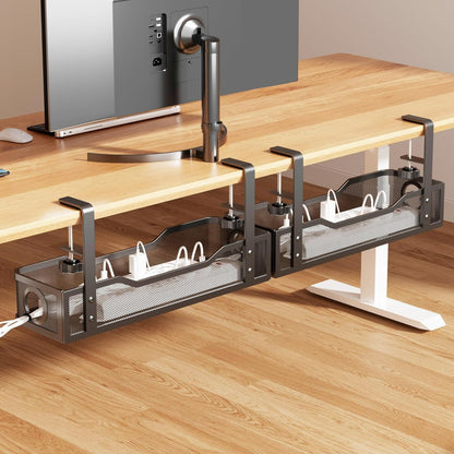 Under Desk Cable Management Tray White, Wire Organizers No Drill, Cable Tray with Clamp for Wire Management, Cord Organization Box for Office, Home - No Damage to Desk