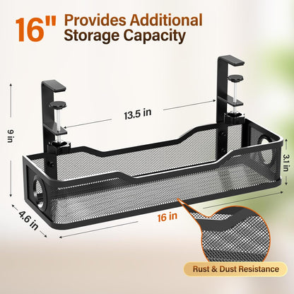 Under Desk Cable Management Tray White, Wire Organizers No Drill, Cable Tray with Clamp for Wire Management, Cord Organization Box for Office, Home - No Damage to Desk
