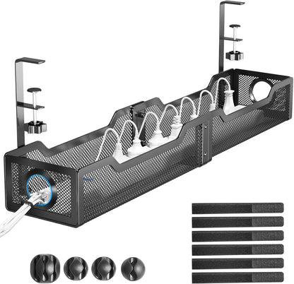 Under Desk Cable Management Tray White, Wire Organizers No Drill, Cable Tray with Clamp for Wire Management, Cord Organization Box for Office, Home - No Damage to Desk