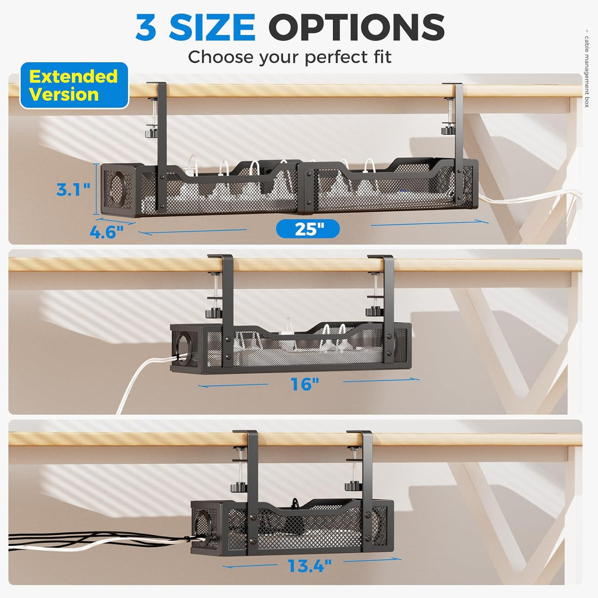 Under Desk Cable Management Tray White, Wire Organizers No Drill, Cable Tray with Clamp for Wire Management, Cord Organization Box for Office, Home - No Damage to Desk
