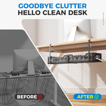 Under Desk Cable Management Tray White, Wire Organizers No Drill, Cable Tray with Clamp for Wire Management, Cord Organization Box for Office, Home - No Damage to Desk