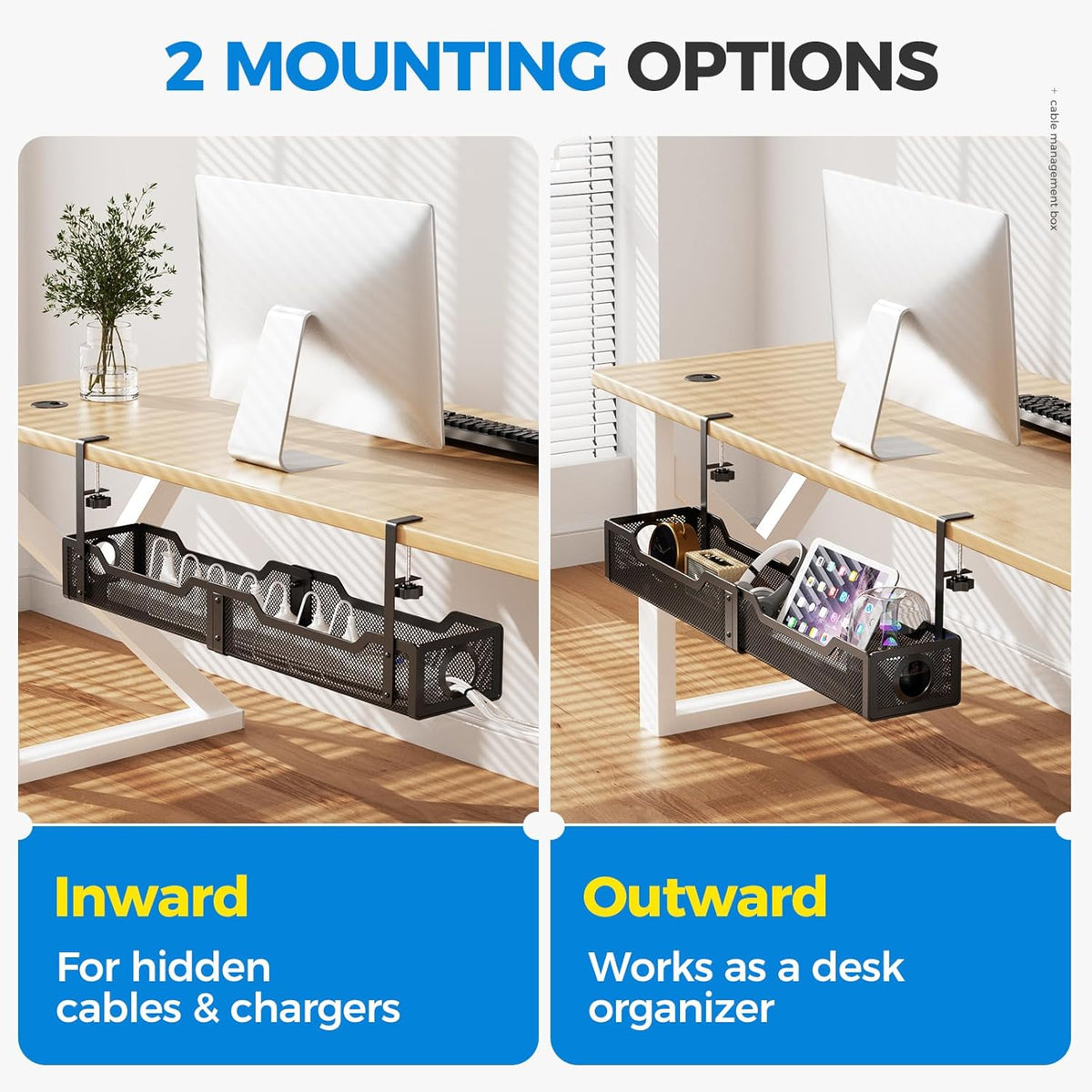 Under Desk Cable Management Tray White, Wire Organizers No Drill, Cable Tray with Clamp for Wire Management, Cord Organization Box for Office, Home - No Damage to Desk