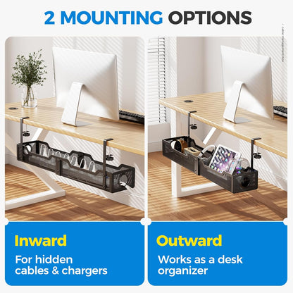 Under Desk Cable Management Tray White, Wire Organizers No Drill, Cable Tray with Clamp for Wire Management, Cord Organization Box for Office, Home - No Damage to Desk