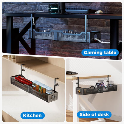 Under Desk Cable Management Tray White, Wire Organizers No Drill, Cable Tray with Clamp for Wire Management, Cord Organization Box for Office, Home - No Damage to Desk