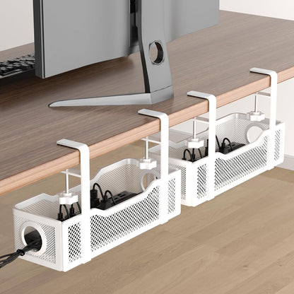 Under Desk Cable Management Tray White, Wire Organizers No Drill, Cable Tray with Clamp for Wire Management, Cord Organization Box for Office, Home - No Damage to Desk