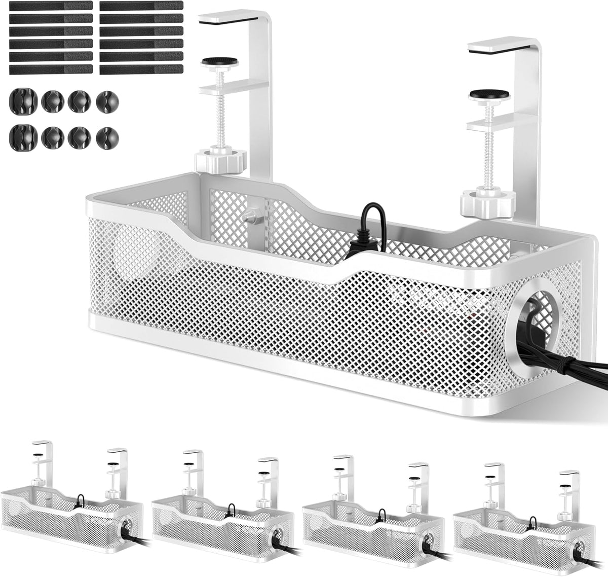 Under Desk Cable Management Tray White, Wire Organizers No Drill, Cable Tray with Clamp for Wire Management, Cord Organization Box for Office, Home - No Damage to Desk