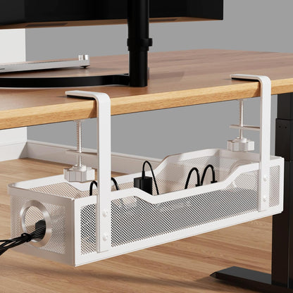 Under Desk Cable Management Tray White, Wire Organizers No Drill, Cable Tray with Clamp for Wire Management, Cord Organization Box for Office, Home - No Damage to Desk
