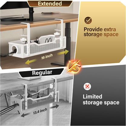 Under Desk Cable Management Tray White, Wire Organizers No Drill, Cable Tray with Clamp for Wire Management, Cord Organization Box for Office, Home - No Damage to Desk