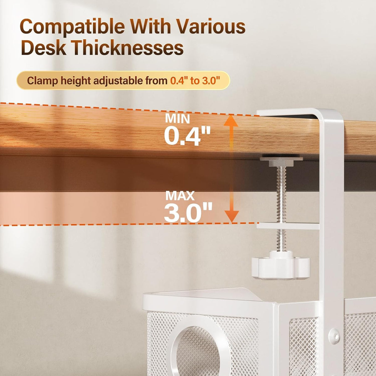 Under Desk Cable Management Tray White, Wire Organizers No Drill, Cable Tray with Clamp for Wire Management, Cord Organization Box for Office, Home - No Damage to Desk