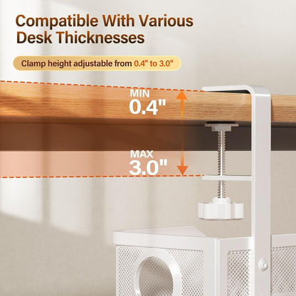 Under Desk Cable Management Tray White, Wire Organizers No Drill, Cable Tray with Clamp for Wire Management, Cord Organization Box for Office, Home - No Damage to Desk
