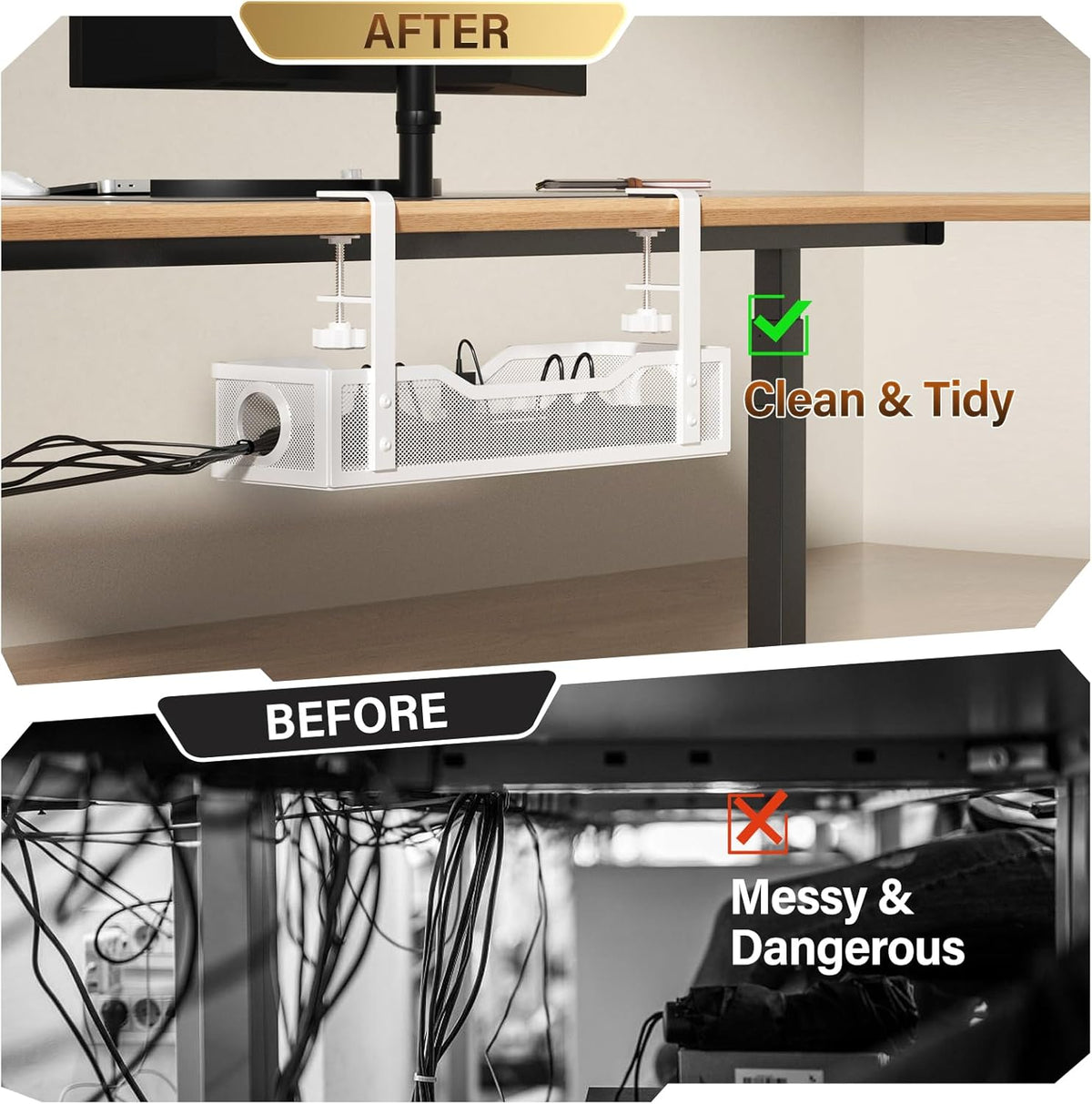 Under Desk Cable Management Tray White, Wire Organizers No Drill, Cable Tray with Clamp for Wire Management, Cord Organization Box for Office, Home - No Damage to Desk
