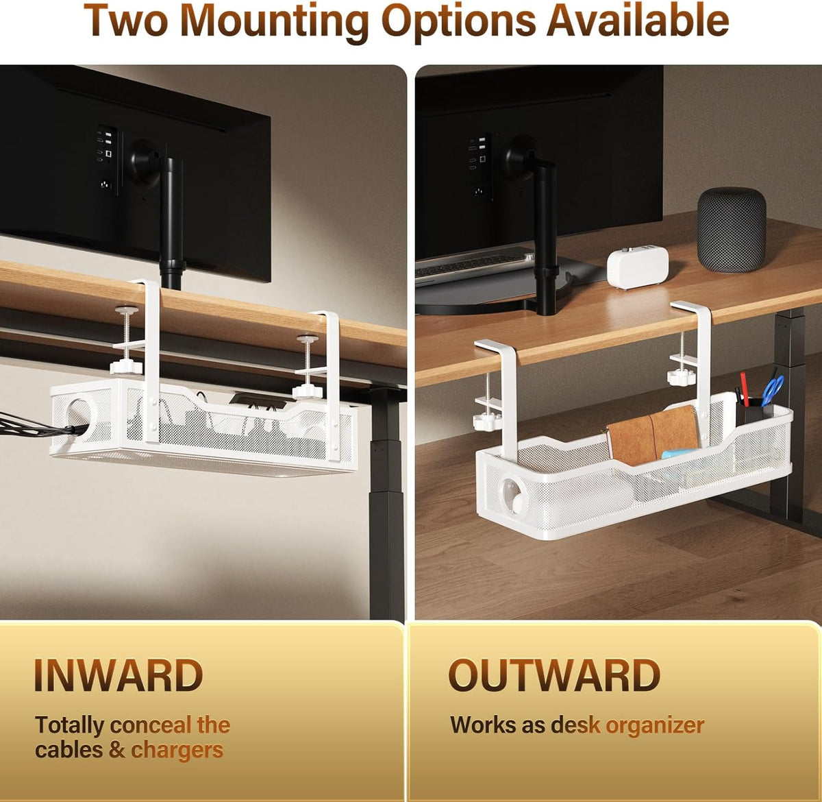 Under Desk Cable Management Tray White, Wire Organizers No Drill, Cable Tray with Clamp for Wire Management, Cord Organization Box for Office, Home - No Damage to Desk