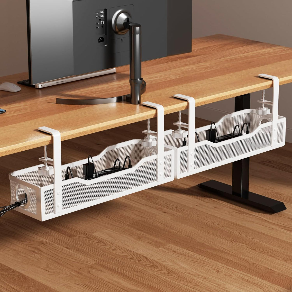 Under Desk Cable Management Tray White, Wire Organizers No Drill, Cable Tray with Clamp for Wire Management, Cord Organization Box for Office, Home - No Damage to Desk