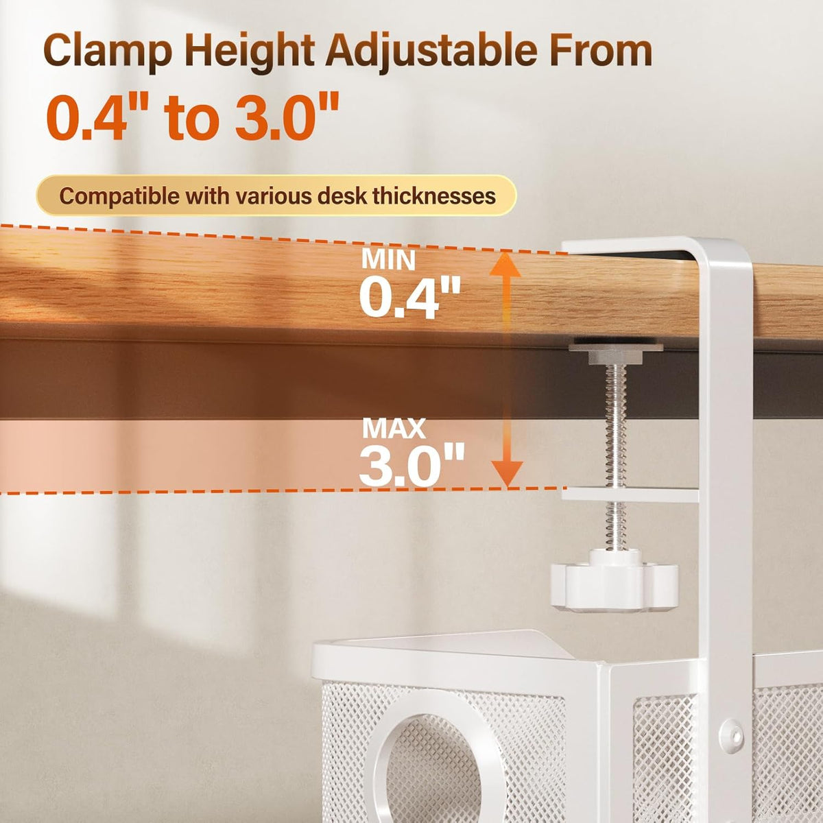 Under Desk Cable Management Tray White, Wire Organizers No Drill, Cable Tray with Clamp for Wire Management, Cord Organization Box for Office, Home - No Damage to Desk