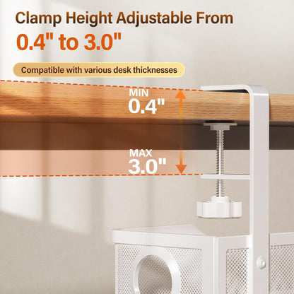 Under Desk Cable Management Tray White, Wire Organizers No Drill, Cable Tray with Clamp for Wire Management, Cord Organization Box for Office, Home - No Damage to Desk