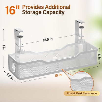 Under Desk Cable Management Tray White, Wire Organizers No Drill, Cable Tray with Clamp for Wire Management, Cord Organization Box for Office, Home - No Damage to Desk