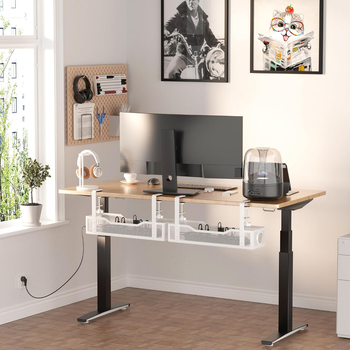 Under Desk Cable Management Tray White, Wire Organizers No Drill, Cable Tray with Clamp for Wire Management, Cord Organization Box for Office, Home - No Damage to Desk