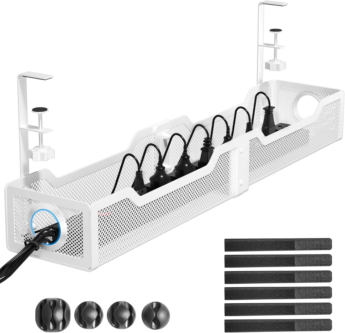 Under Desk Cable Management Tray White, Wire Organizers No Drill, Cable Tray with Clamp for Wire Management, Cord Organization Box for Office, Home - No Damage to Desk