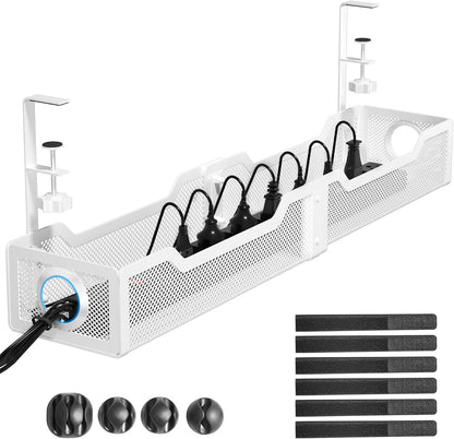 Under Desk Cable Management Tray White, Wire Organizers No Drill, Cable Tray with Clamp for Wire Management, Cord Organization Box for Office, Home - No Damage to Desk