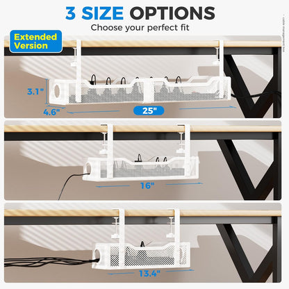 Under Desk Cable Management Tray White, Wire Organizers No Drill, Cable Tray with Clamp for Wire Management, Cord Organization Box for Office, Home - No Damage to Desk