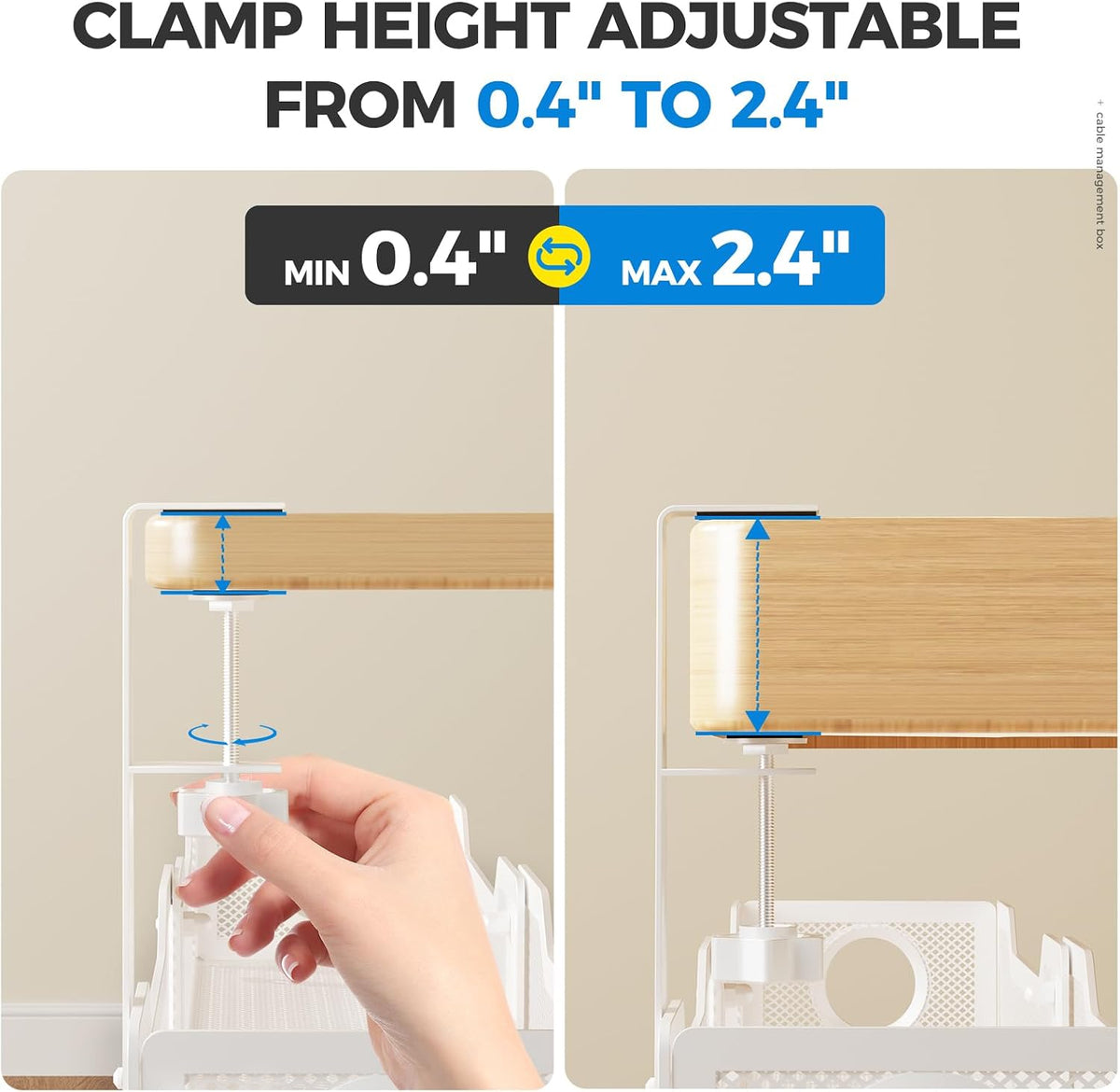 Under Desk Cable Management Tray White, Wire Organizers No Drill, Cable Tray with Clamp for Wire Management, Cord Organization Box for Office, Home - No Damage to Desk
