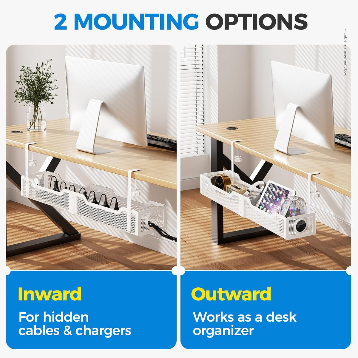 Under Desk Cable Management Tray White, Wire Organizers No Drill, Cable Tray with Clamp for Wire Management, Cord Organization Box for Office, Home - No Damage to Desk