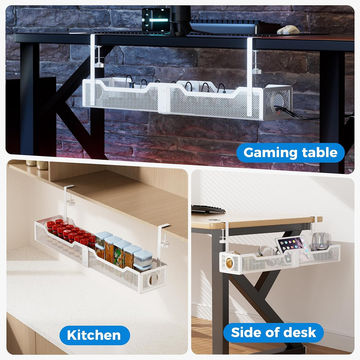 Under Desk Cable Management Tray White, Wire Organizers No Drill, Cable Tray with Clamp for Wire Management, Cord Organization Box for Office, Home - No Damage to Desk