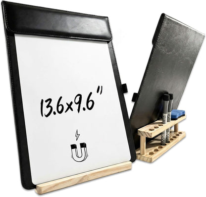 Magnetic Dry Erase Board with Clipboard,PU Leather Desktop Whiteboard for Office, Nursing School Essentials & Basketball Coaches,Small Dry Erase Board with Stand