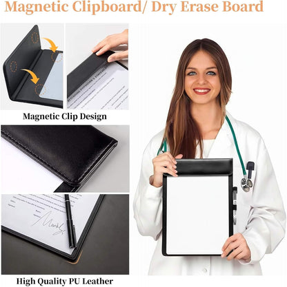 Magnetic Dry Erase Board with Clipboard,PU Leather Desktop Whiteboard for Office, Nursing School Essentials & Basketball Coaches,Small Dry Erase Board with Stand
