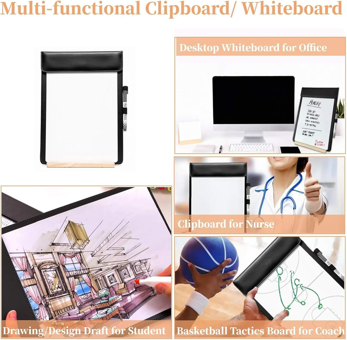 Magnetic Dry Erase Board with Clipboard,PU Leather Desktop Whiteboard for Office, Nursing School Essentials & Basketball Coaches,Small Dry Erase Board with Stand